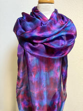 Load image into Gallery viewer, Hand Dyed Long Silk Scarf in Purple Dark Red Blue
