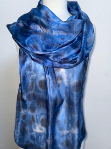 Hand Dyed Long Silk Scarf in Shades of Blue Charcoal Light Blue