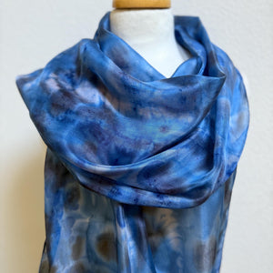 Hand Dyed Long Silk Scarf in Shades of Blue Charcoal Light Blue