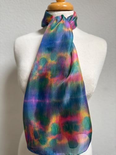 Hand Dyed Silk Neck Scarf in Blue Green Teal Pink by Designer Silk Artist