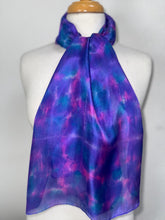 Load image into Gallery viewer, Hand Dyed Silk Neck Scarf in Purple Blue Pink by Designer Silk Artist
