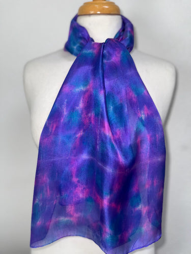 Hand Dyed Silk Neck Scarf in Purple Blue Pink by Designer Silk Artist