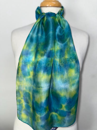 Hand Dyed Silk Neck Scarf in Turquoise Lime Teal by Designer Silk Artist