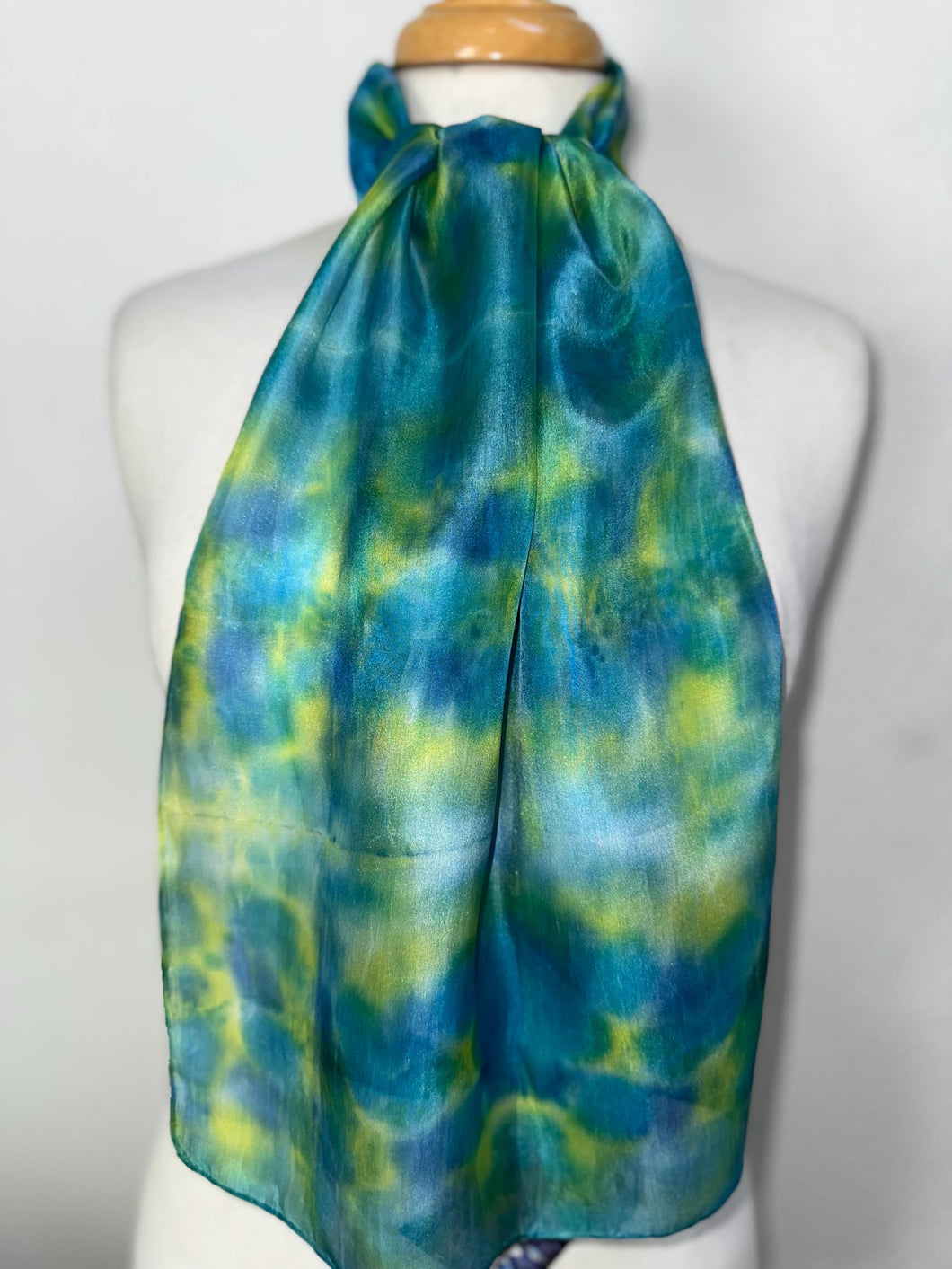 Hand Dyed Silk Neck Scarf in Turquoise Lime Teal by Designer Silk Artist