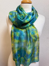 Load image into Gallery viewer, Hand Dyed Silk Neck Scarf in Turquoise Lime Teal by Designer Silk Artist
