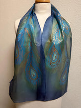 Load image into Gallery viewer, Peacock Feathers Design Hand Painted Silk Neck Scarf in Blue Green Copper
