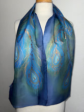 Load image into Gallery viewer, Peacock Feathers Design Hand Painted Silk Neck Scarf in Blue Green Copper
