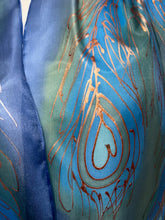 Load image into Gallery viewer, Peacock Feathers Design Hand Painted Silk Neck Scarf in Blue Green Copper
