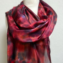 Load image into Gallery viewer, Hand Dyed Long Silk Scarf in Shades of Red Charcoal Tan Pink
