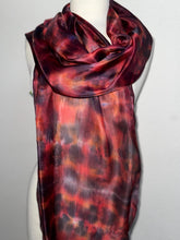 Load image into Gallery viewer, Hand Dyed Long Silk Scarf in Shades of Red Charcoal Tan Pink

