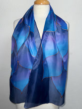 Load image into Gallery viewer, Flames Design Long Scarf in Shades of Blue Purple : Hand Painted Silk
