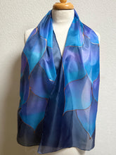 Load image into Gallery viewer, Flames Design Long Scarf in Shades of Blue Purple : Hand Painted Silk
