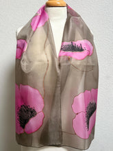 Load image into Gallery viewer, Poppies Design Long Scarf : Hand Painted Silk in Coffee Pink
