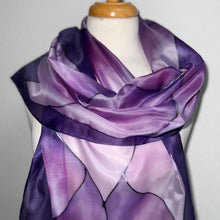 Load image into Gallery viewer, Flames Design X Long Silk Scarf in Shades of Purple Hand Painted Silk by Designer Silk
