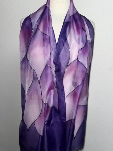 Flames Design X Long Silk Scarf in Shades of Purple Hand Painted Silk by Designer Silk