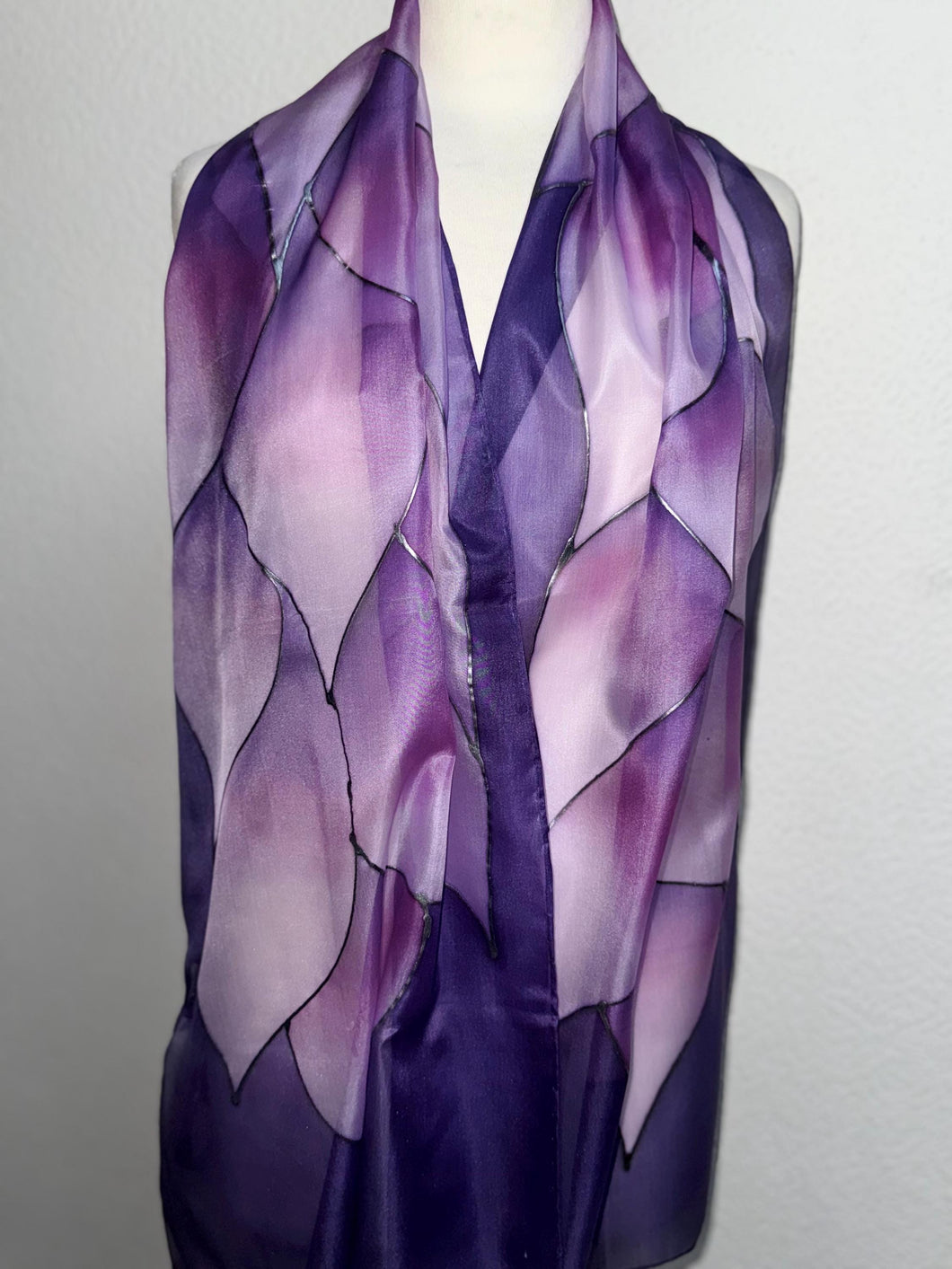 Flames Design X Long Silk Scarf in Shades of Purple Hand Painted Silk by Designer Silk