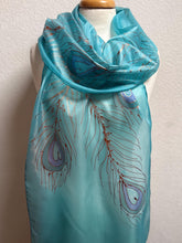 Load image into Gallery viewer, Peacock Feathers Design X Long Silk Scarf in Turquoise Blue : Hand Painted Silk
