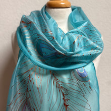 Load image into Gallery viewer, Peacock Feathers Design X Long Silk Scarf in Turquoise Blue : Hand Painted Silk
