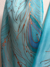 Load image into Gallery viewer, Peacock Feathers Design X Long Silk Scarf in Turquoise Blue : Hand Painted Silk
