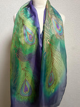 Load image into Gallery viewer, Peacock Feathers Design X Long Silk Scarf in Green Blue Copper : Hand Painted Silk
