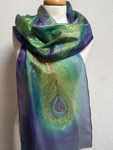 Load image into Gallery viewer, Peacock Feathers Design X Long Silk Scarf in Green Blue Copper : Hand Painted Silk
