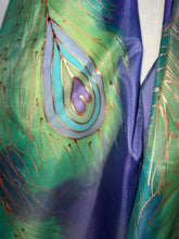 Load image into Gallery viewer, Peacock Feathers Design X Long Silk Scarf in Green Blue Copper : Hand Painted Silk
