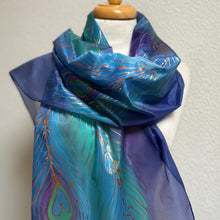 Load image into Gallery viewer, Peacock Feathers Design X Long Silk Scarf in Blues and Jade : Hand Painted Silk
