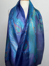 Load image into Gallery viewer, Peacock Feathers Design X Long Silk Scarf in Blues and Jade : Hand Painted Silk
