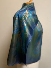 Load image into Gallery viewer, Peacock Feathers Design Hand Painted Silk Neck Scarf in Blue Green Copper
