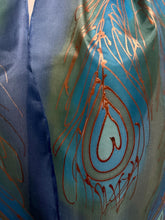 Load image into Gallery viewer, Peacock Feathers Design Hand Painted Silk Neck Scarf in Blue Green Copper
