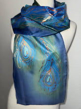 Load image into Gallery viewer, Peacock Feathers Design Hand Painted Silk Neck Scarf in Blue Green Copper
