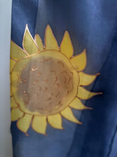 Load image into Gallery viewer, Sunflowers Design Hand Painted Silk Neck Scarf in Golden Yellow, Brown, Navy Blue, Gold Outliner
