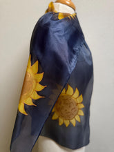 Load image into Gallery viewer, Sunflowers Design Hand Painted Silk Neck Scarf in Golden Yellow, Brown, Navy Blue, Gold Outliner
