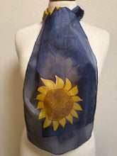 Load image into Gallery viewer, Sunflowers Design Hand Painted Silk Neck Scarf in Golden Yellow, Brown, Navy Blue, Gold Outliner
