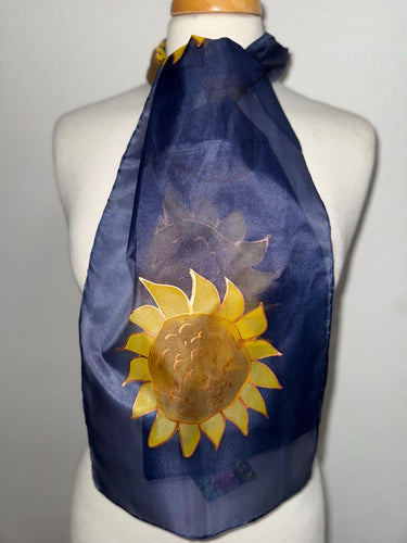 Sunflowers Design Hand Painted Silk Neck Scarf in Golden Yellow, Brown, Navy Blue, Gold Outliner