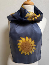 Load image into Gallery viewer, Sunflowers Design Hand Painted Silk Neck Scarf in Golden Yellow, Brown, Navy Blue, Gold Outliner

