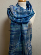 Load image into Gallery viewer, Hand Dyed Long Silk Scarf in Blues Turquoise White
