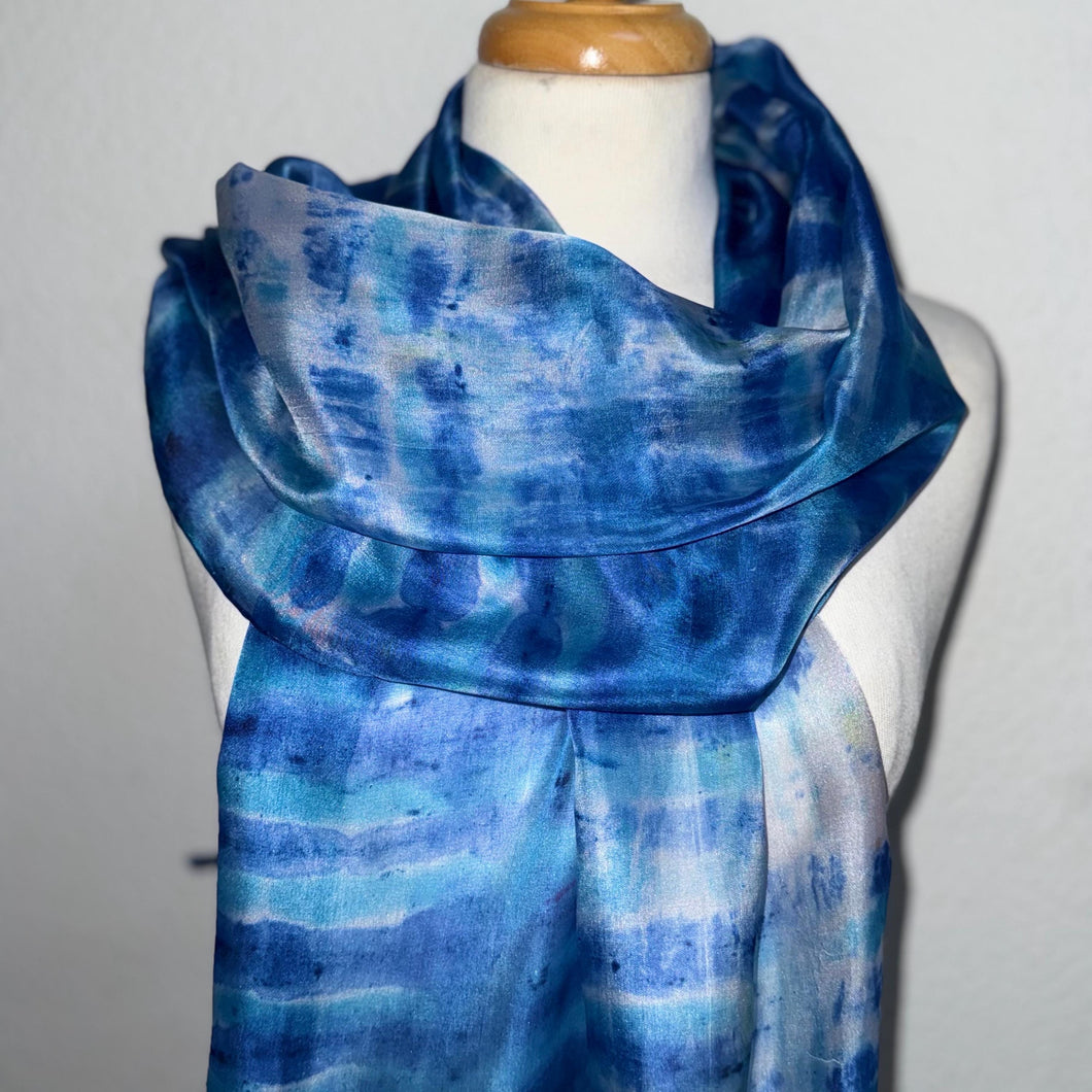Hand Dyed Long Silk Scarf in Blues Turquoise White