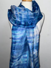 Load image into Gallery viewer, Hand Dyed Long Silk Scarf in Blues Turquoise White
