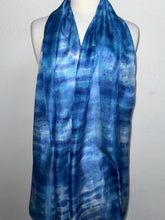 Load image into Gallery viewer, Hand Dyed Long Silk Scarf in Blues Turquoise White
