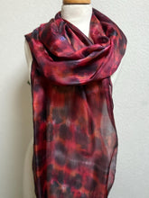 Load image into Gallery viewer, Hand Dyed Long Silk Scarf in Shades of Red Charcoal Tan Pink
