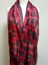 Load image into Gallery viewer, Hand Dyed Long Silk Scarf in Shades of Red Charcoal Tan Pink
