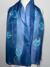 Load image into Gallery viewer, Sweet Pea Design Long Scarf : Hand Painted Silk in Blue Turquoise
