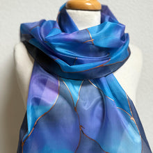 Load image into Gallery viewer, Flames Design Long Scarf in Shades of Blue Purple : Hand Painted Silk

