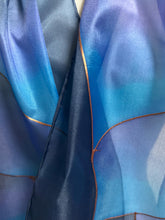 Load image into Gallery viewer, Flames Design Long Scarf in Shades of Blue Purple : Hand Painted Silk
