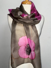 Load image into Gallery viewer, Poppies Design Long Scarf : Hand Painted Silk in Coffee Pink
