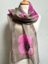 Load image into Gallery viewer, Poppies Design Long Scarf : Hand Painted Silk in Coffee Pink
