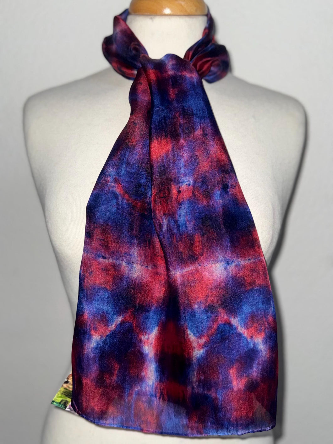 Hand Dyed Silk Neck Scarf in Poppy Red Navy Blue by Designer Silk Artist