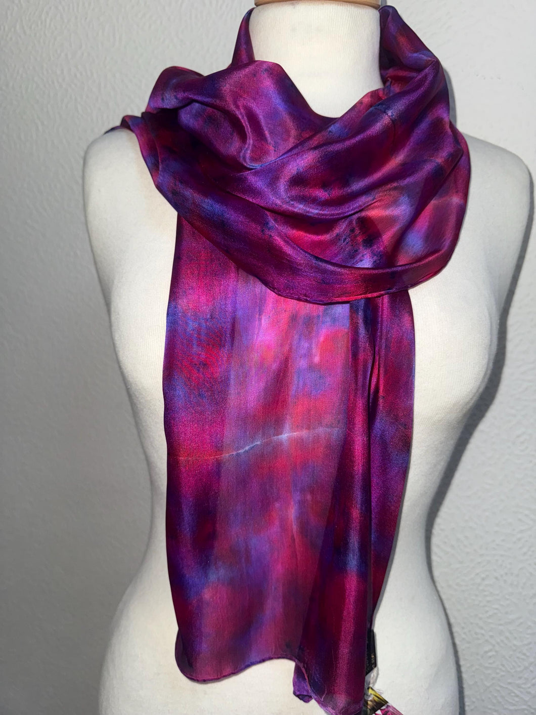 Hand Dyed Silk Neck Scarf in Claret Red Dark Blue by Designer Silk Artist
