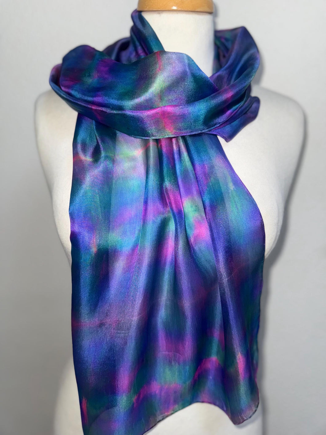 Hand Dyed Silk Neck Scarf in Teal, Turquoise, Pink, Blue by Designer Silk Artist
